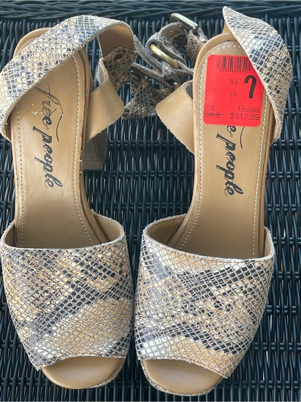 Free People Brown/Beige Snake Print Strappy Platform Block Heel Sandals Size 7